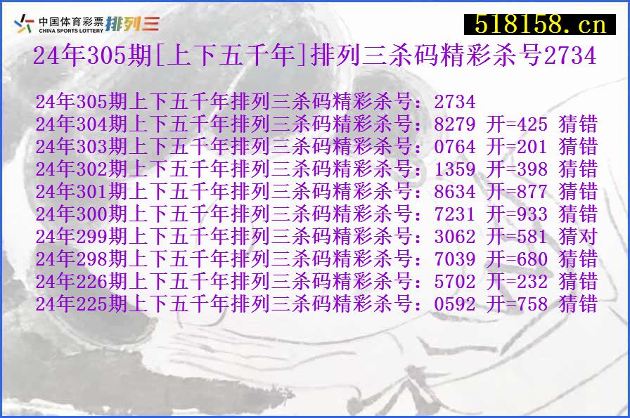 24年305期[上下五千年]排列三杀码精彩杀号2734