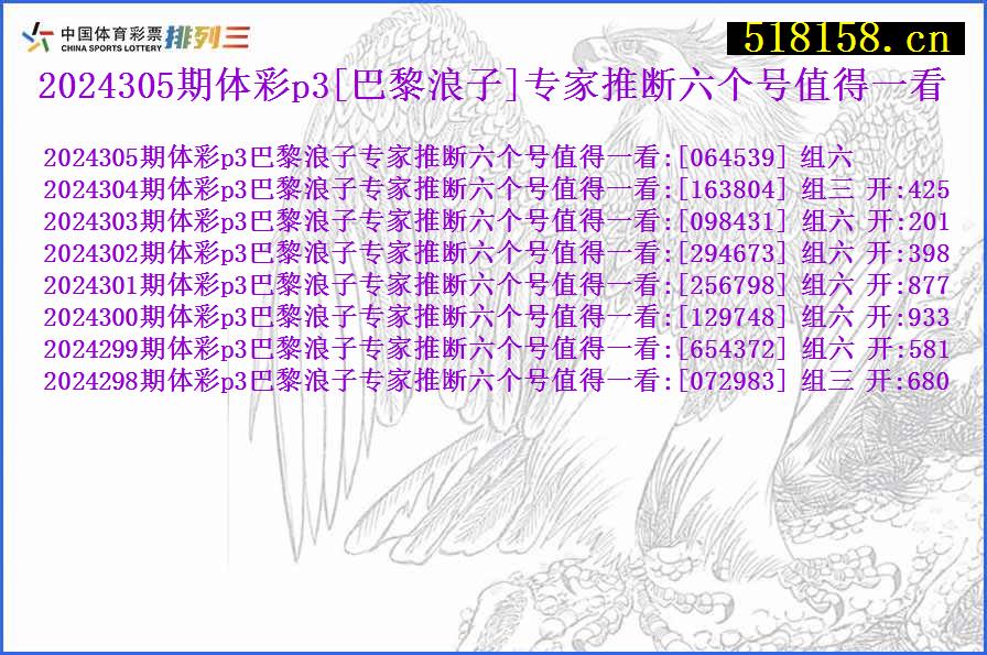 2024305期体彩p3[巴黎浪子]专家推断六个号值得一看