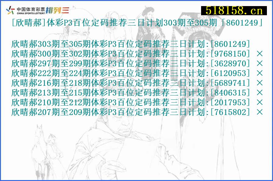 [欣晴郝]体彩P3百位定码推荐三日计划303期至305期「8601249」