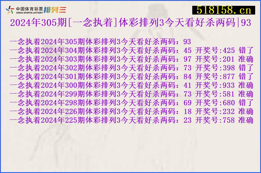 2024年305期[一念执着]体彩排列3今天看好杀两码|93