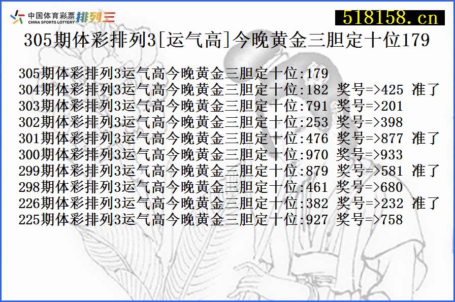 305期体彩排列3[运气高]今晚黄金三胆定十位179