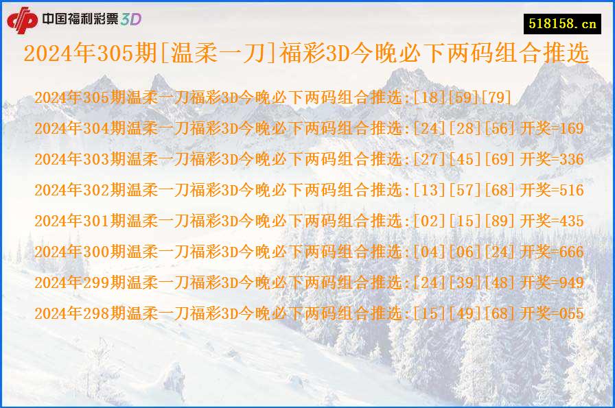 2024年305期[温柔一刀]福彩3D今晚必下两码组合推选