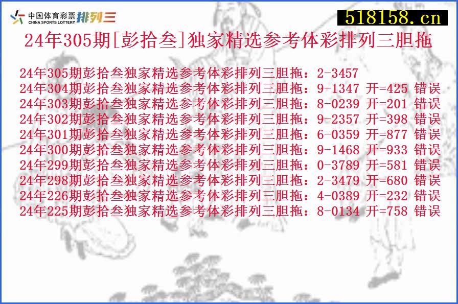 24年305期[彭拾叁]独家精选参考体彩排列三胆拖