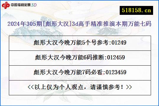 2024年305期[彪形大汉]3d高手精准推演本期万能七码