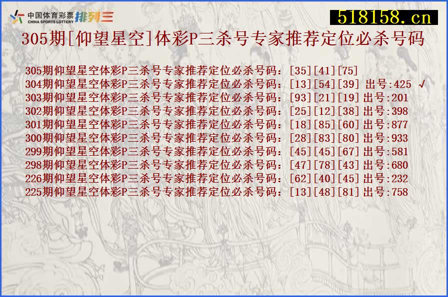 305期[仰望星空]体彩P三杀号专家推荐定位必杀号码