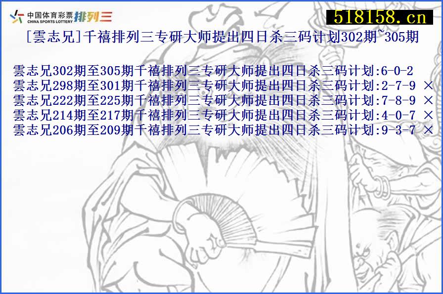 [雲志兄]千禧排列三专研大师提出四日杀三码计划302期~305期