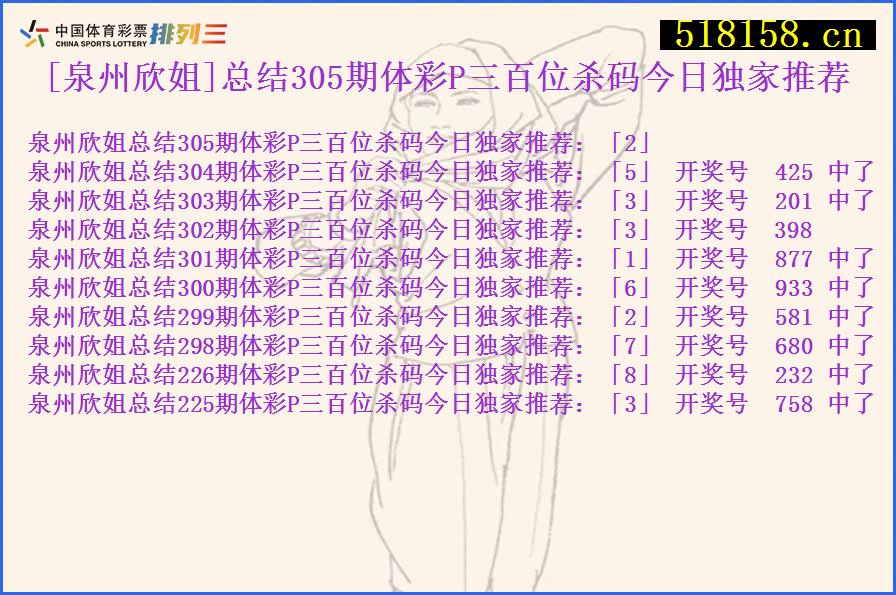 [泉州欣姐]总结305期体彩P三百位杀码今日独家推荐