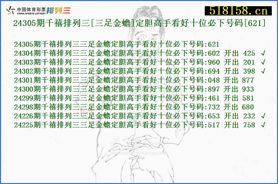 24305期千禧排列三[三足金蟾]定胆高手看好十位必下号码[621]