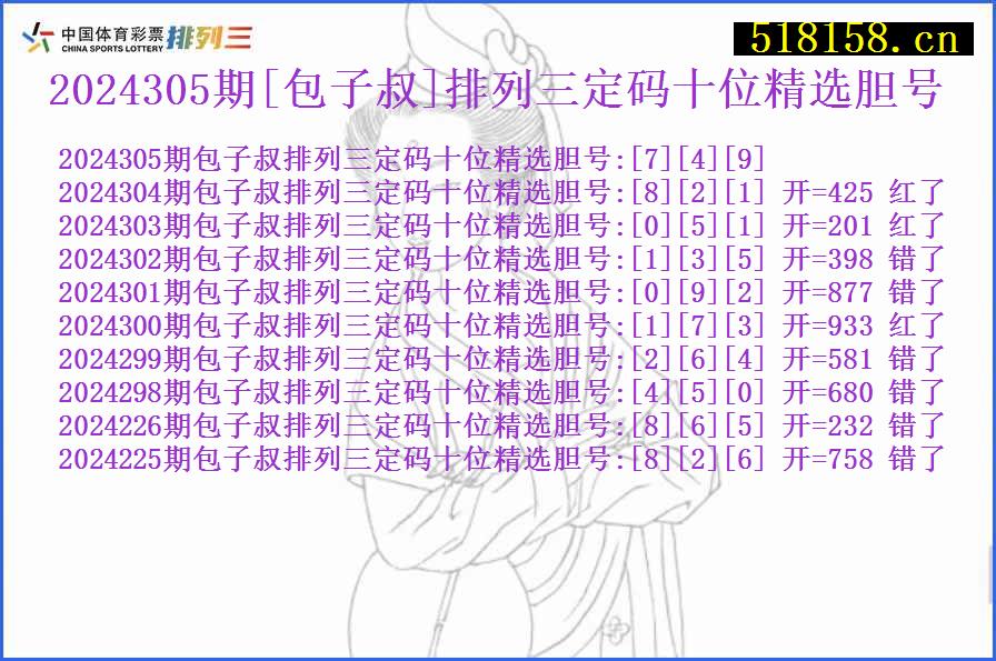 2024305期[包子叔]排列三定码十位精选胆号