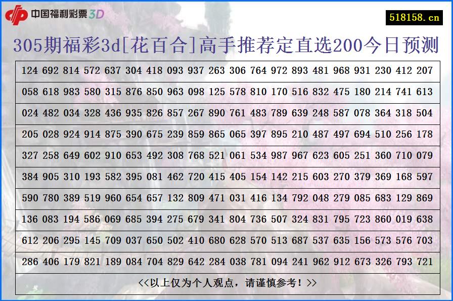 305期福彩3d[花百合]高手推荐定直选200今日预测