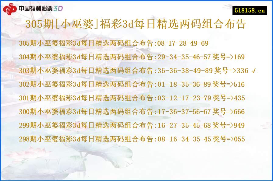 305期[小巫婆]福彩3d每日精选两码组合布告