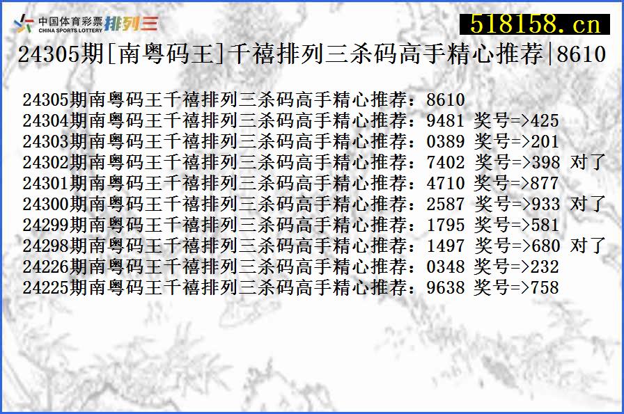 24305期[南粤码王]千禧排列三杀码高手精心推荐|8610