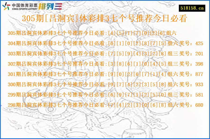 305期[吕洞宾]体彩排3七个号推荐今日必看