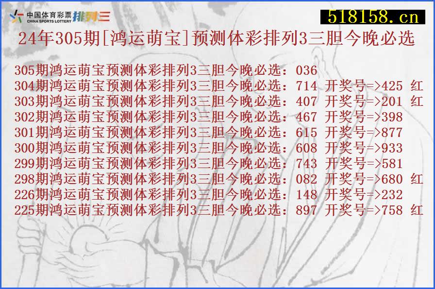 24年305期[鸿运萌宝]预测体彩排列3三胆今晚必选