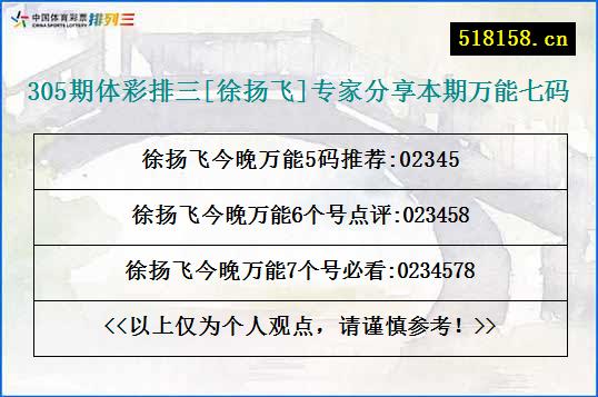 305期体彩排三[徐扬飞]专家分享本期万能七码