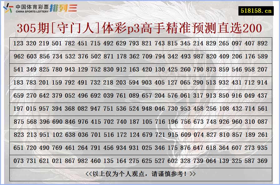 305期[守门人]体彩p3高手精准预测直选200