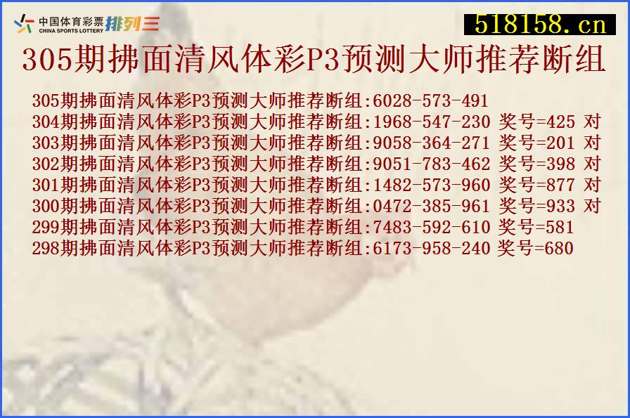 305期拂面清风体彩P3预测大师推荐断组