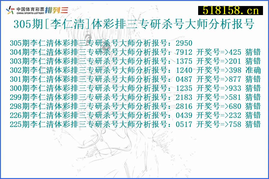 305期[李仁清]体彩排三专研杀号大师分析报号