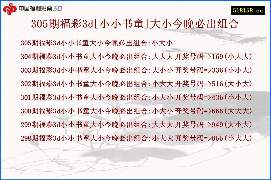 305期福彩3d[小小书童]大小今晚必出组合