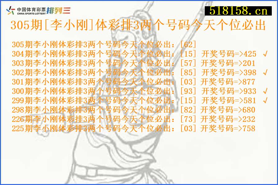 305期[李小刚]体彩排3两个号码今天个位必出