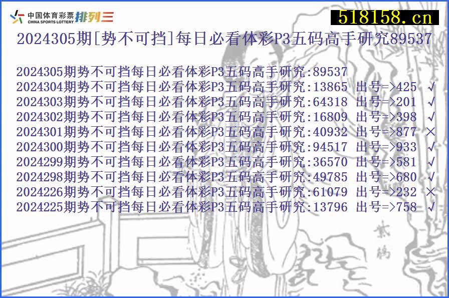 2024305期[势不可挡]每日必看体彩P3五码高手研究89537