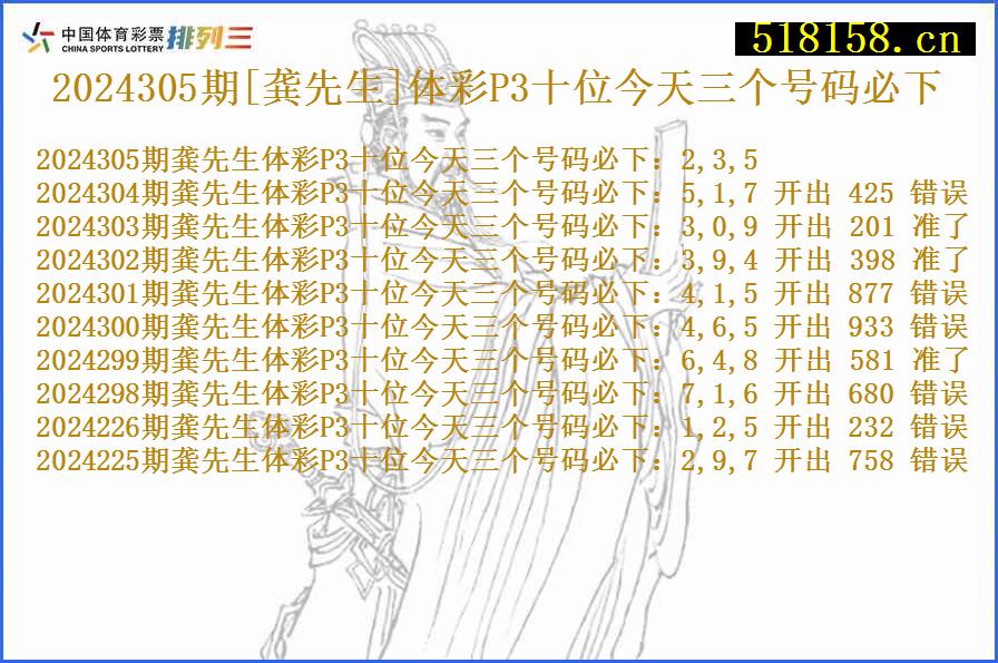 2024305期[龚先生]体彩P3十位今天三个号码必下