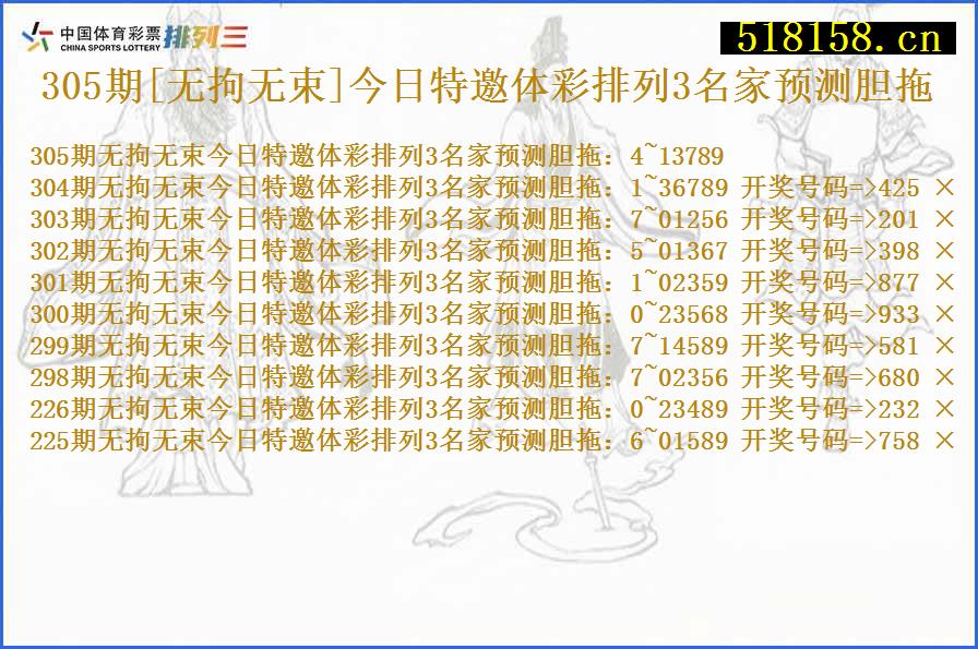 305期[无拘无束]今日特邀体彩排列3名家预测胆拖