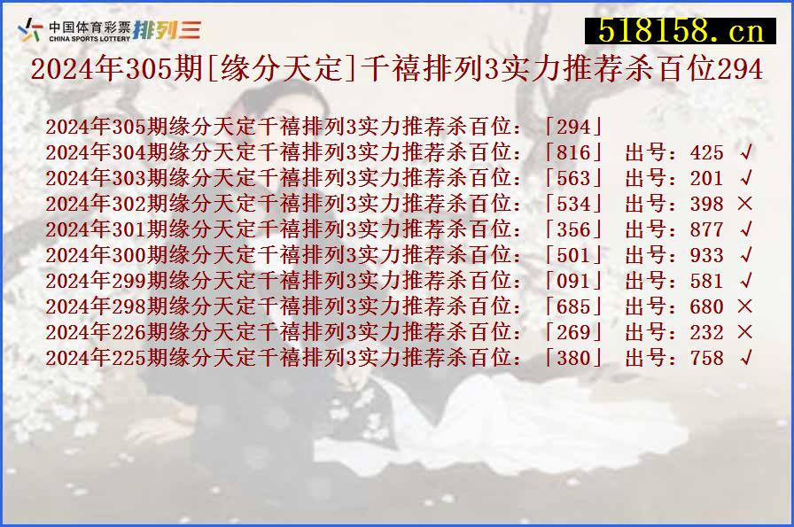 2024年305期[缘分天定]千禧排列3实力推荐杀百位294