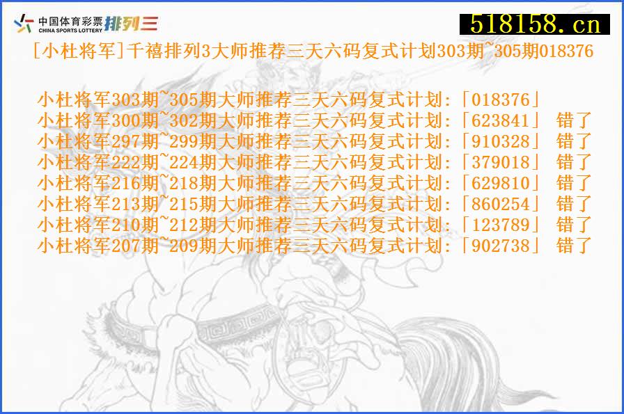 [小杜将军]千禧排列3大师推荐三天六码复式计划303期~305期018376