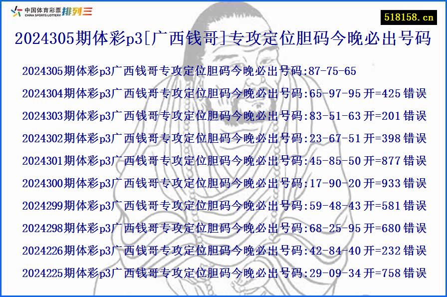 2024305期体彩p3[广西钱哥]专攻定位胆码今晚必出号码