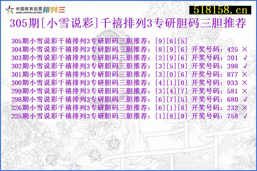 305期[小雪说彩]千禧排列3专研胆码三胆推荐