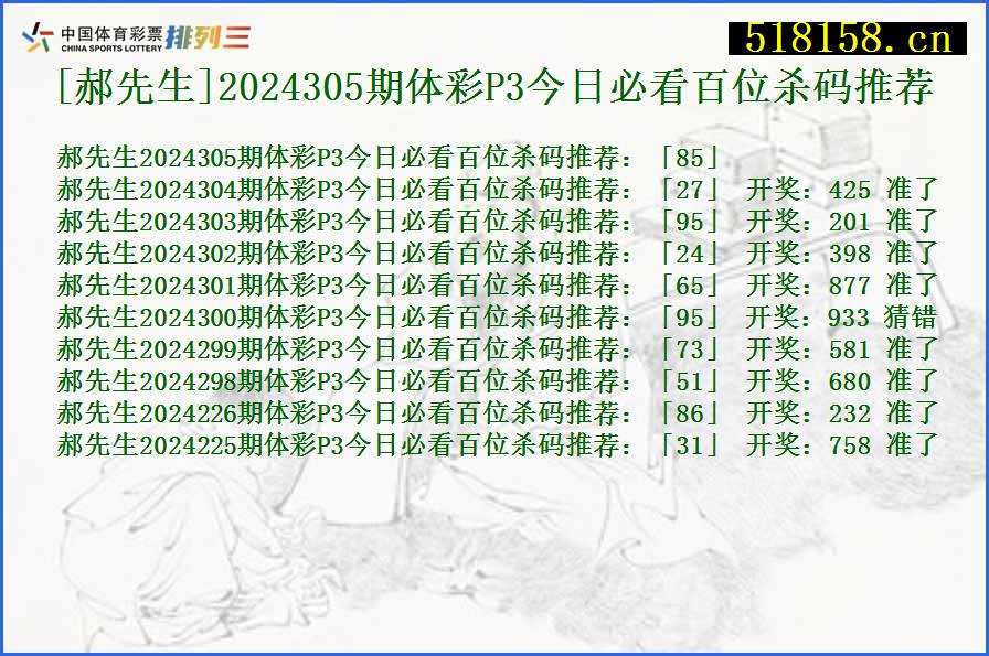 [郝先生]2024305期体彩P3今日必看百位杀码推荐