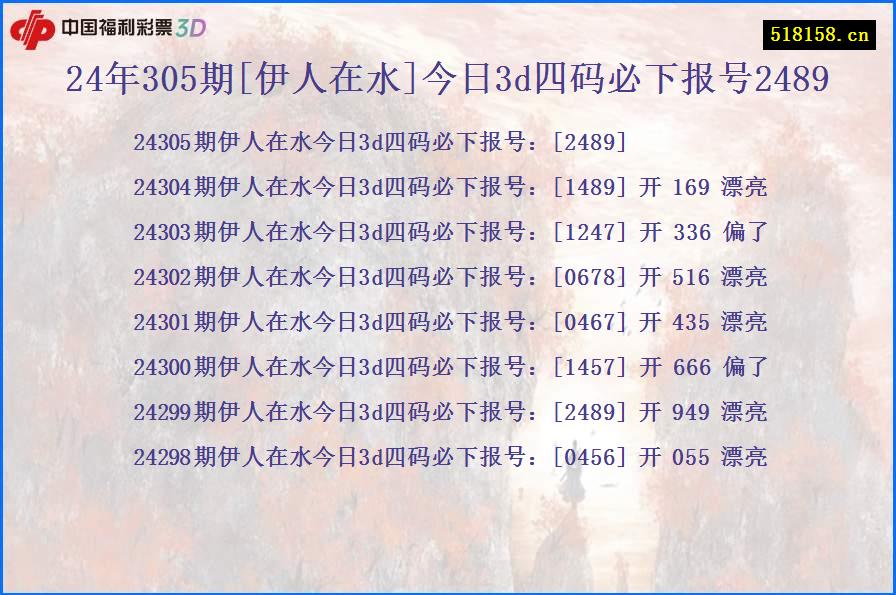 24年305期[伊人在水]今日3d四码必下报号2489