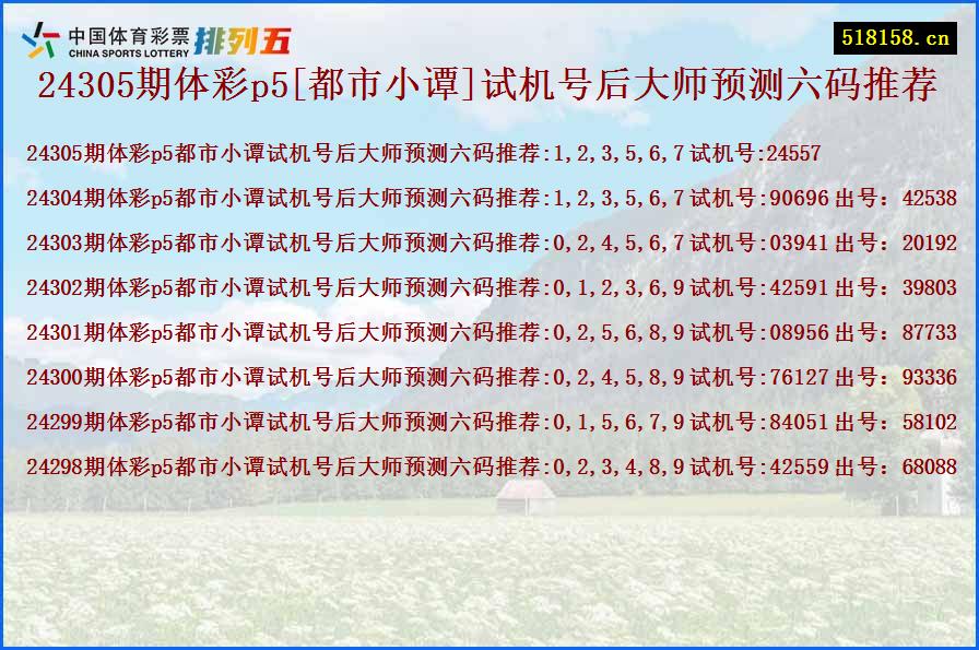 24305期体彩p5[都市小谭]试机号后大师预测六码推荐