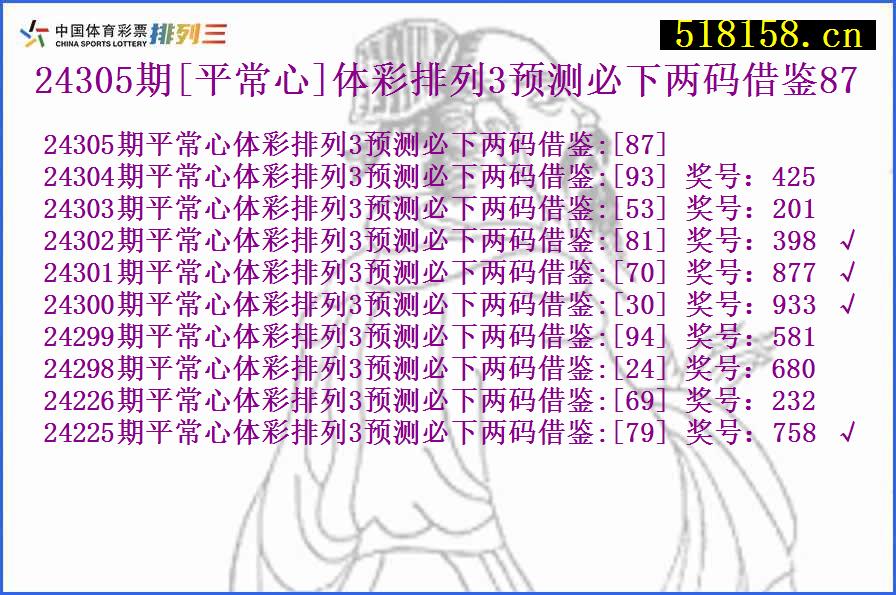 24305期[平常心]体彩排列3预测必下两码借鉴87