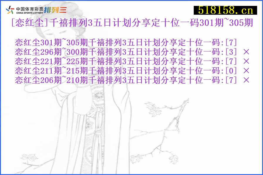 [恋红尘]千禧排列3五日计划分享定十位一码301期~305期