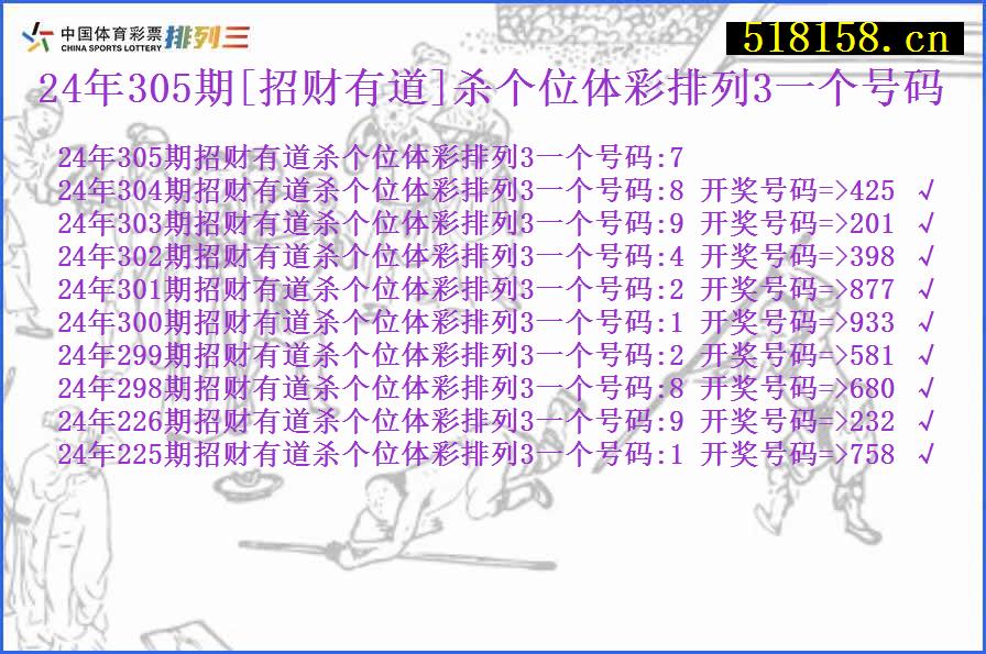 24年305期[招财有道]杀个位体彩排列3一个号码