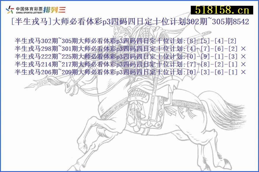 [半生戎马]大师必看体彩p3四码四日定十位计划302期~305期8542