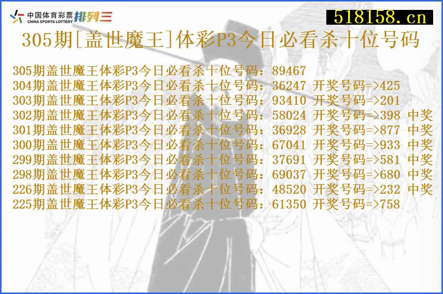 305期[盖世魔王]体彩P3今日必看杀十位号码