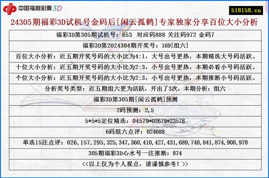 24305期福彩3D试机号金码后[闲云孤鹤]专家独家分享百位大小分析