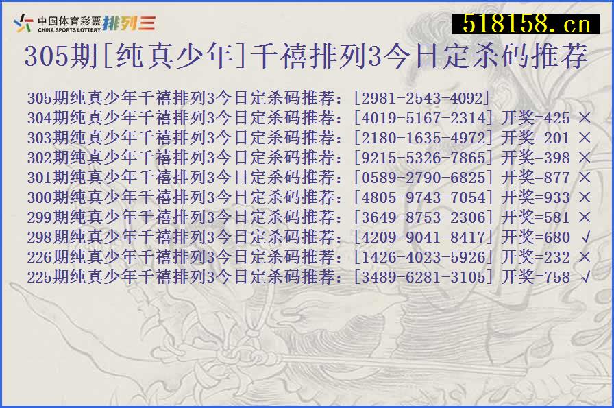 305期[纯真少年]千禧排列3今日定杀码推荐