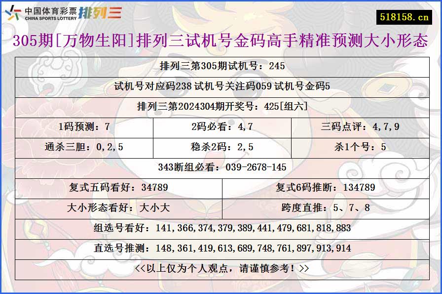 305期[万物生阳]排列三试机号金码高手精准预测大小形态