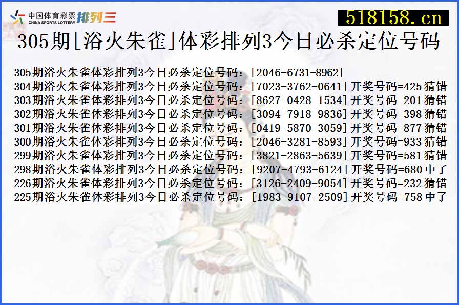 305期[浴火朱雀]体彩排列3今日必杀定位号码