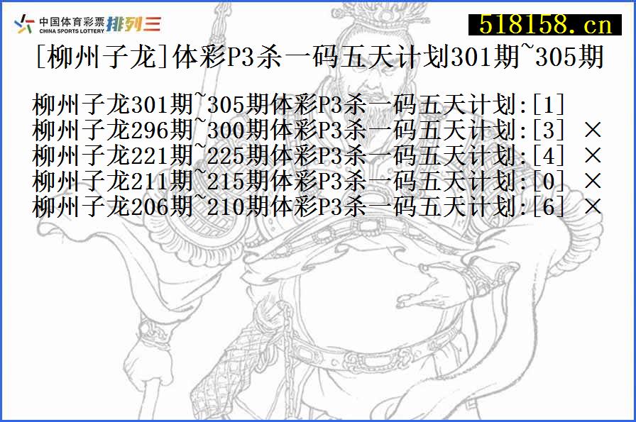 [柳州子龙]体彩P3杀一码五天计划301期~305期