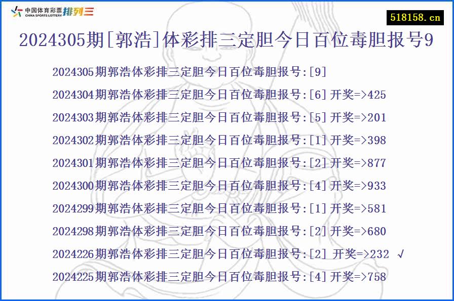 2024305期[郭浩]体彩排三定胆今日百位毒胆报号9