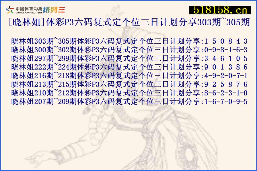 [晓林姐]体彩P3六码复式定个位三日计划分享303期~305期