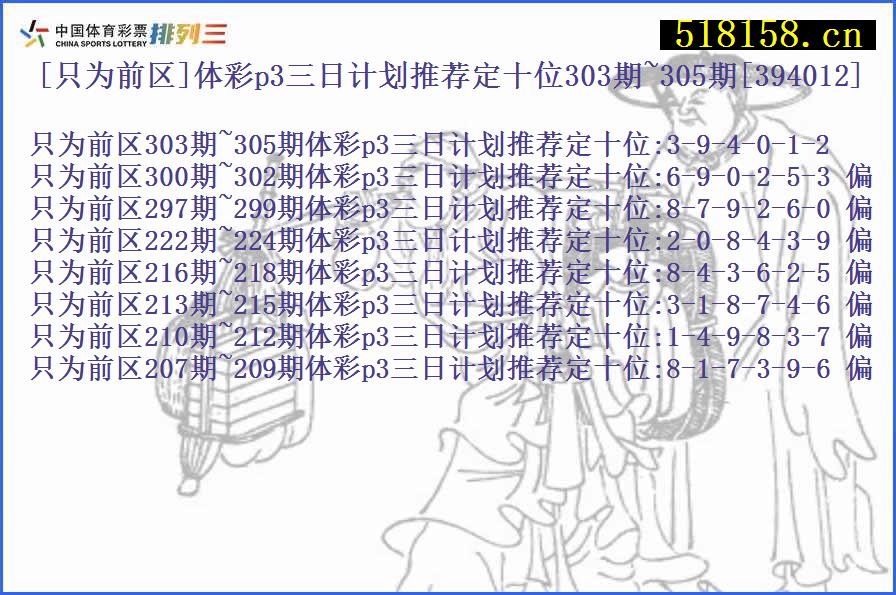 [只为前区]体彩p3三日计划推荐定十位303期~305期[394012]