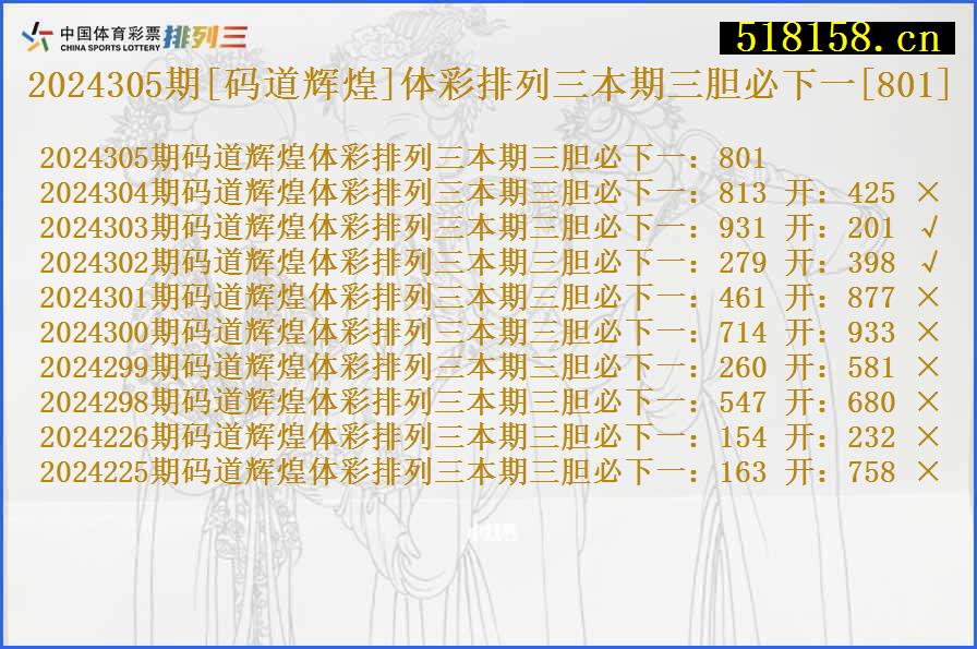 2024305期[码道辉煌]体彩排列三本期三胆必下一[801]