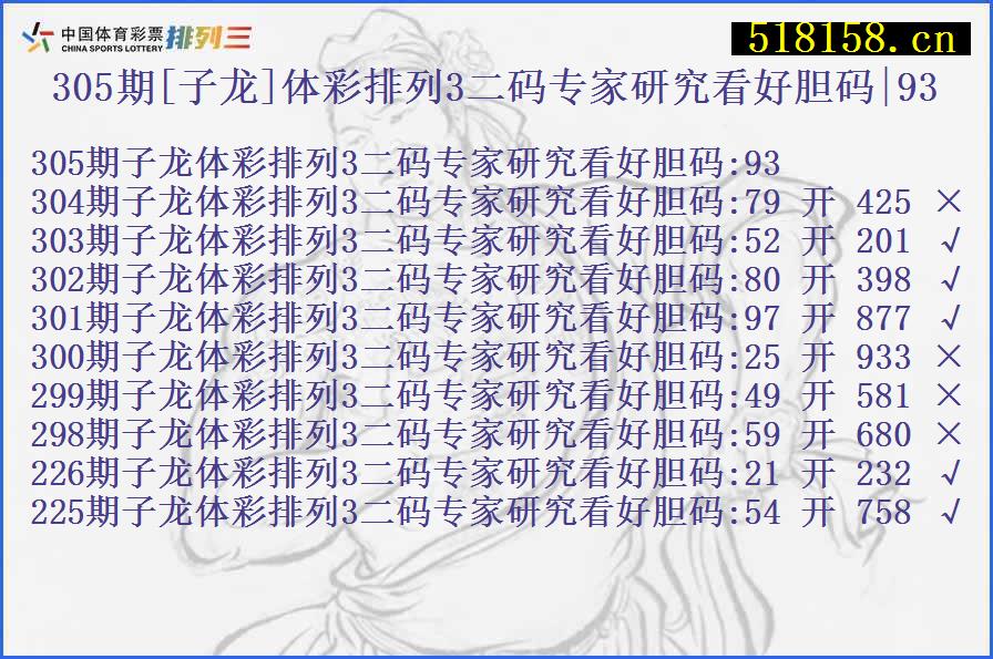 305期[子龙]体彩排列3二码专家研究看好胆码|93