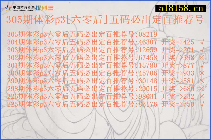 305期体彩p3[六零后]五码必出定百推荐号